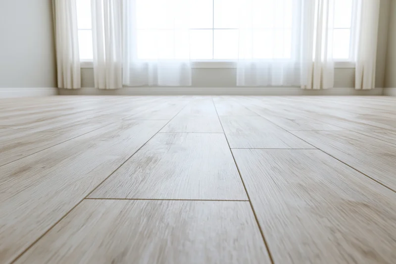Pale whitewashed hardwood laminate flooring in an empty room with windows and sheer curtains