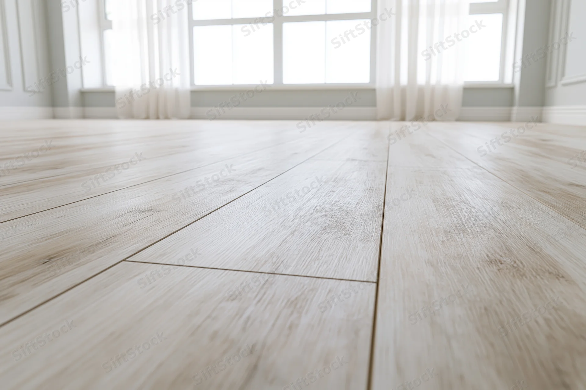 Pale whitewashed hardwood laminate flooring in an empty room with windows and curtains