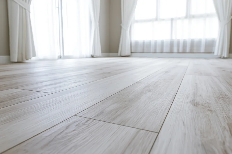 Pale whitewashed hardwood laminate flooring in an empty room with sheer curtains and daylight