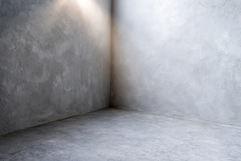 Empty concrete corner with textured walls and floor in a studio backdrop setting