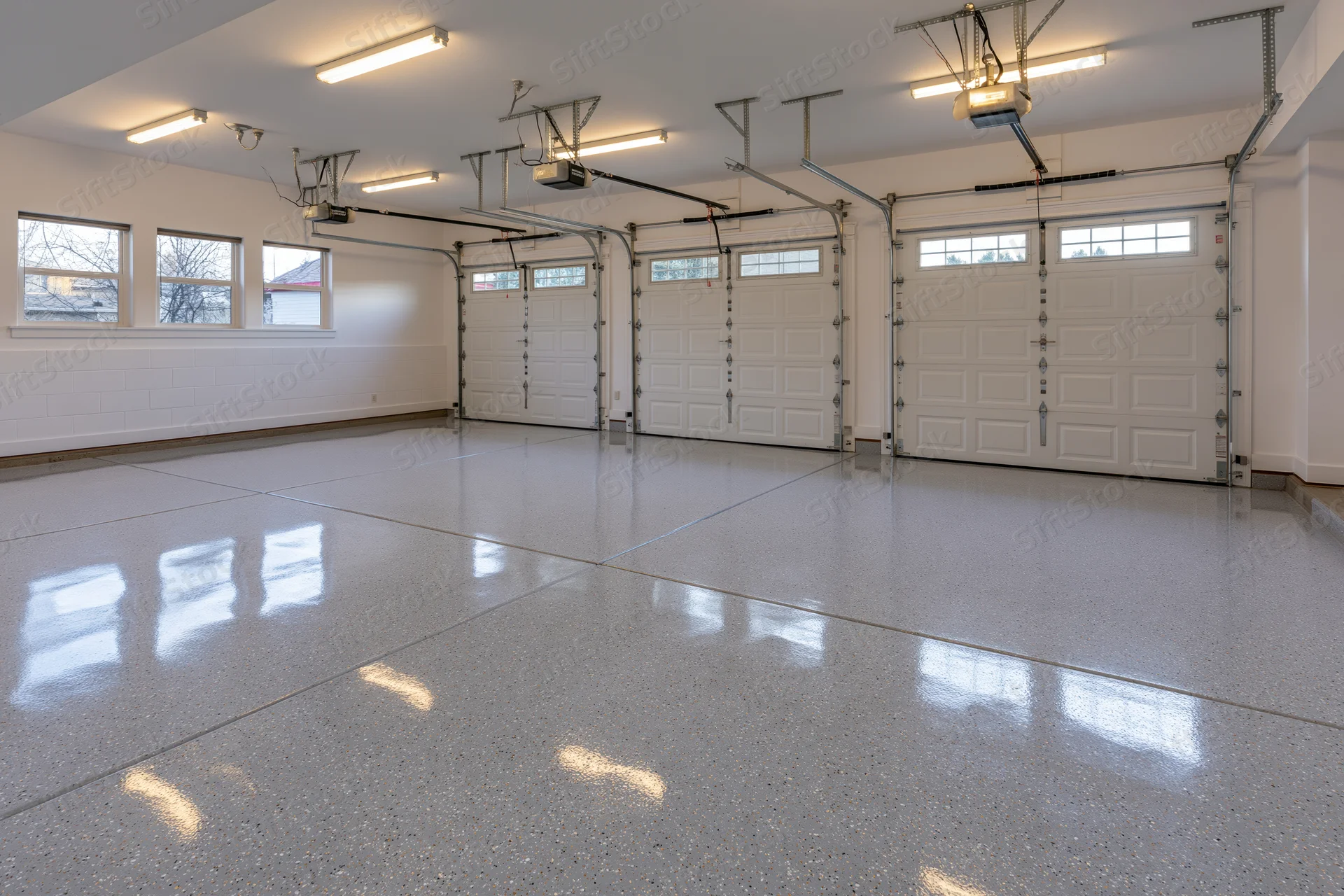 Empty three-car garage interior with white epoxy floor and overhead doors viewed from back wall