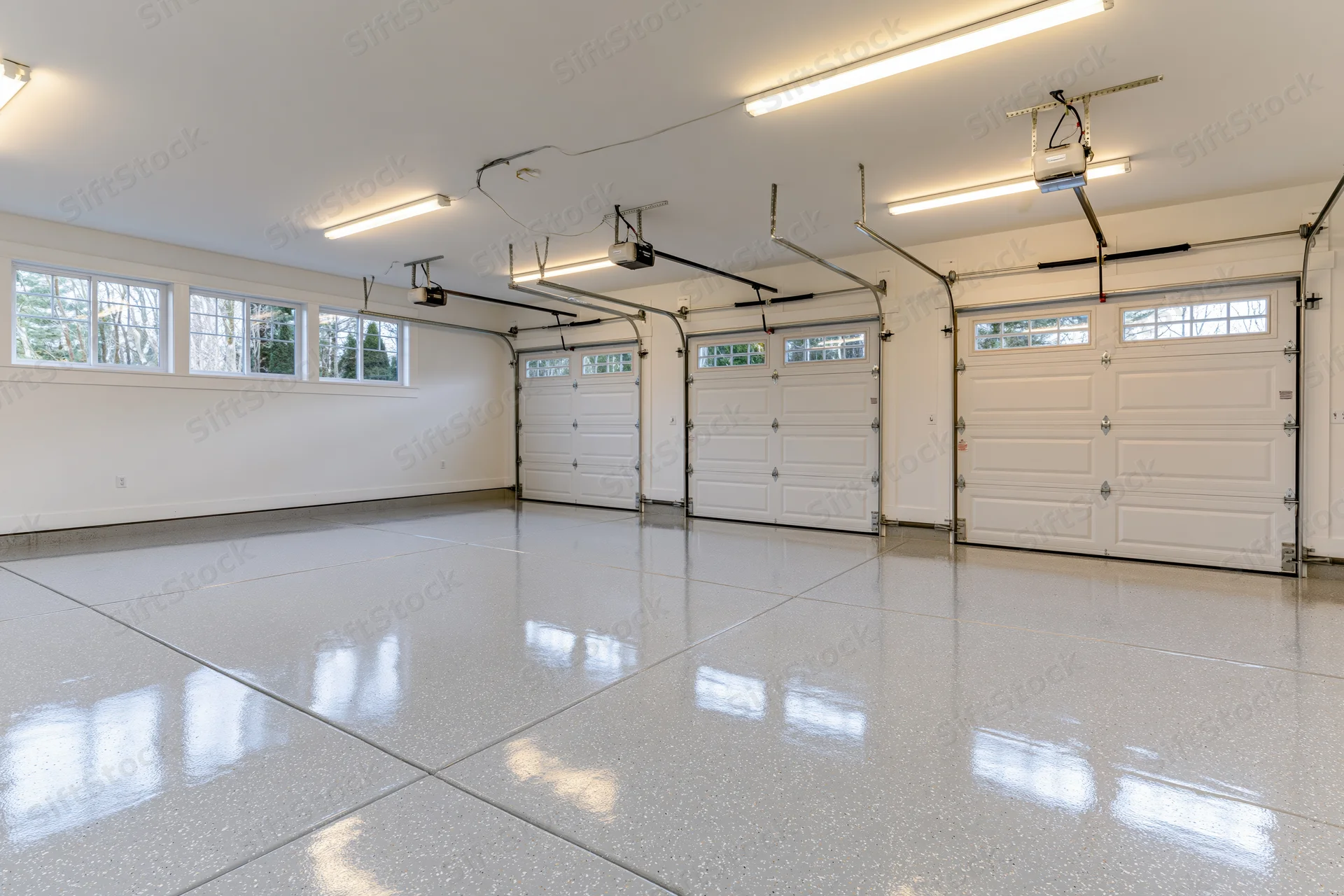 Empty three-car garage interior with white epoxy floor and overhead doors viewed from back wall