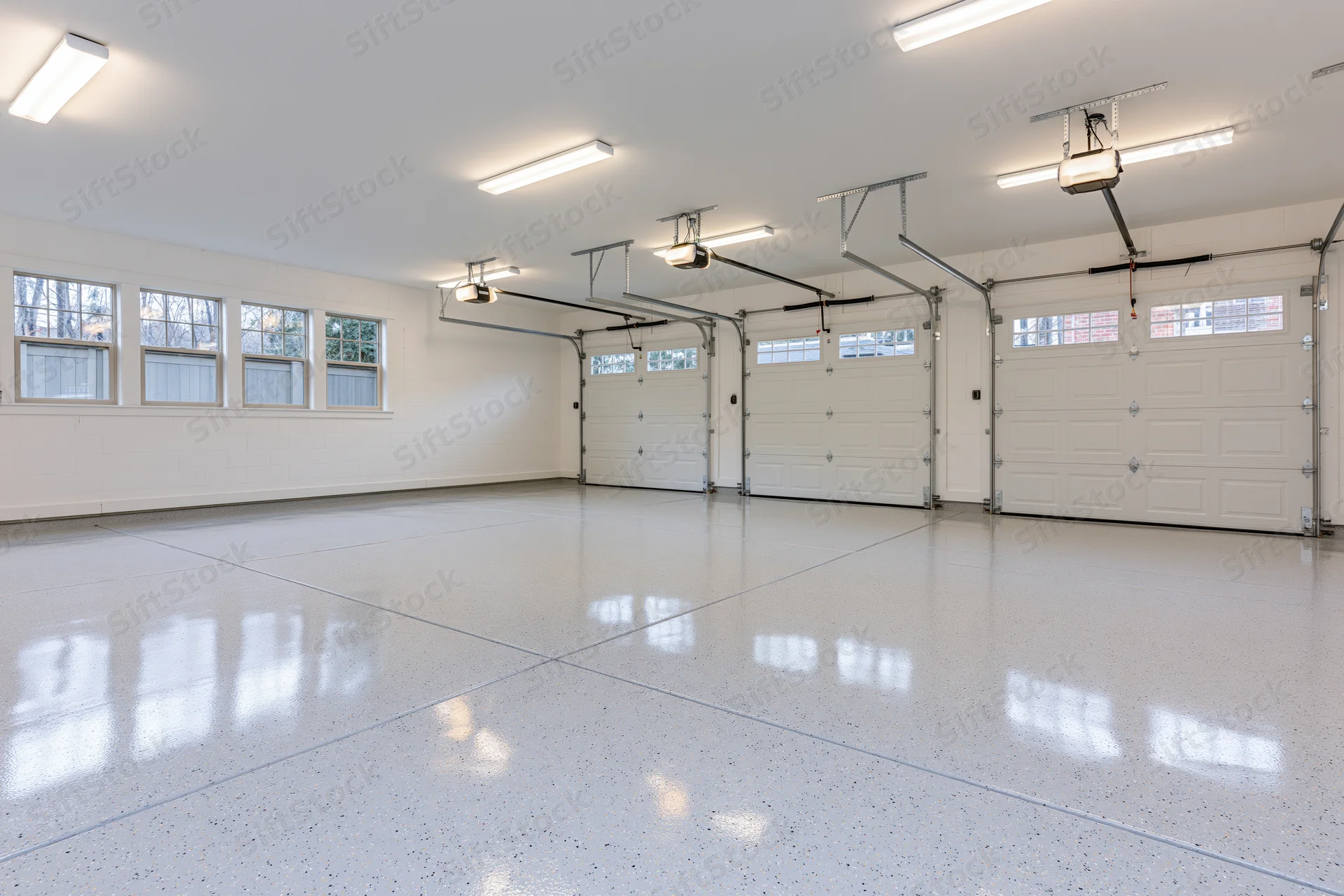 Empty three-car garage interior with white epoxy floor and overhead doors viewed from back wall