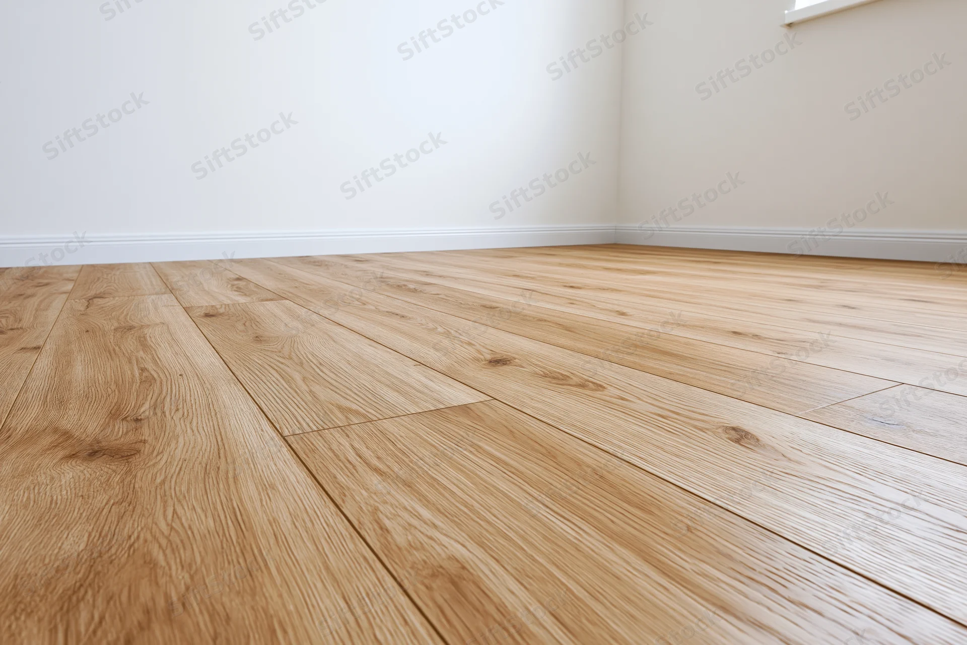 Light wood plank flooring in an empty unfurnished room corner with white walls and baseboard