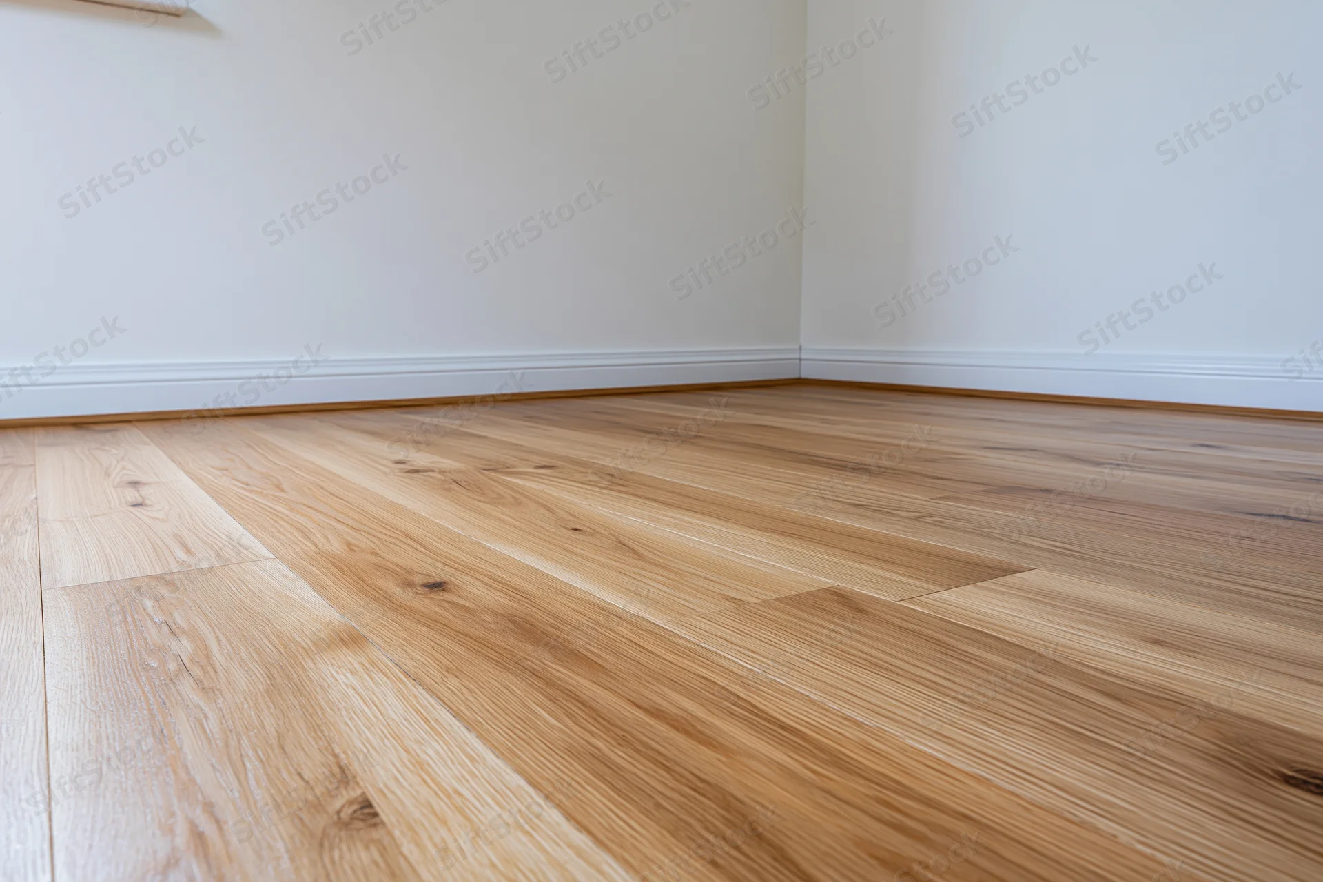 Light wood flooring in an empty unfurnished room corner with white walls and baseboard