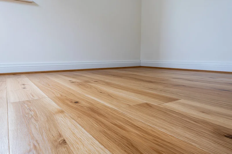 Light wood flooring in an empty unfurnished room corner with white walls and baseboard