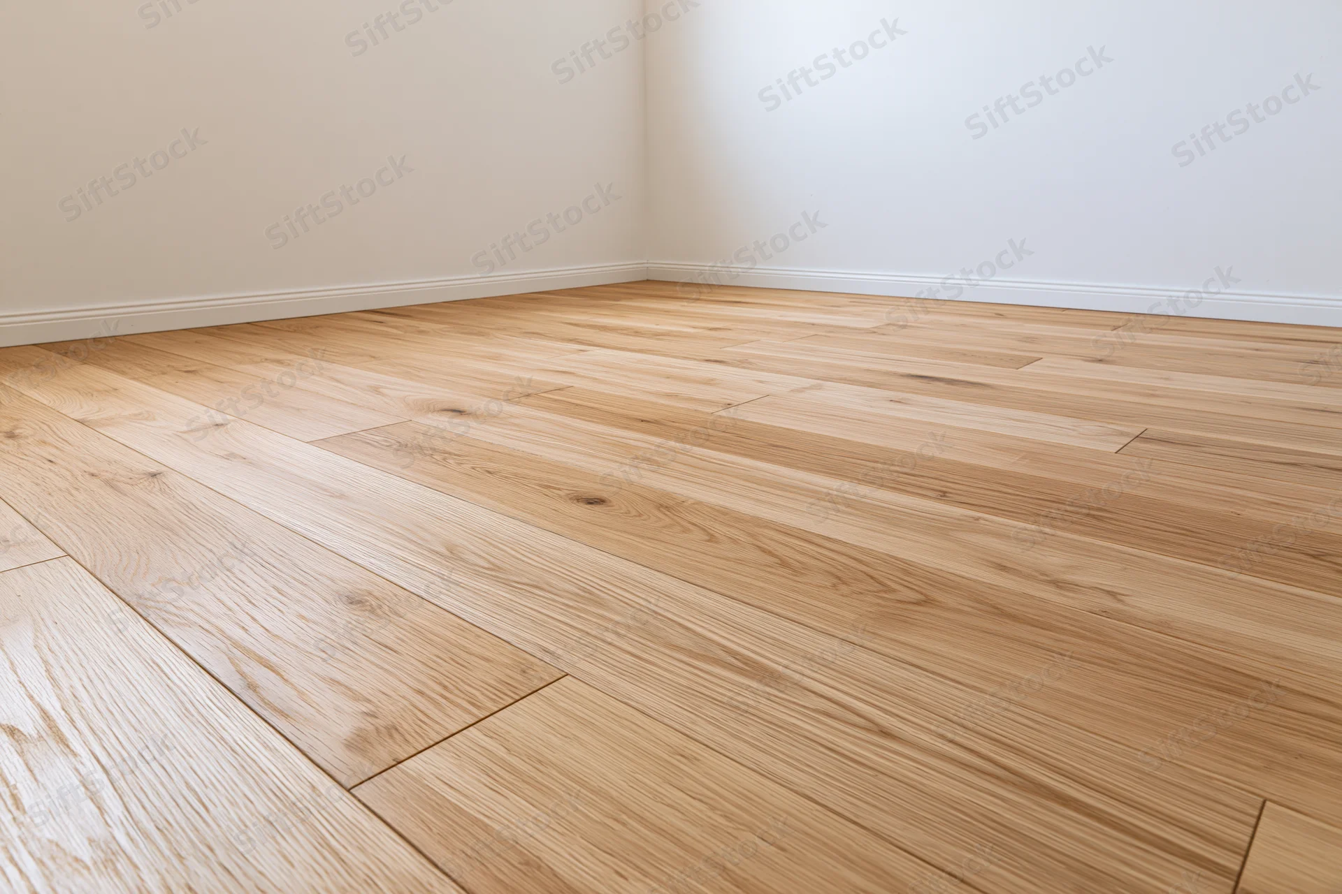 Hardwood flooring in an empty unfurnished room with white walls meeting at a corner
