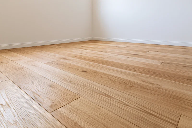 Hardwood flooring in an empty unfurnished room with white walls meeting at a corner