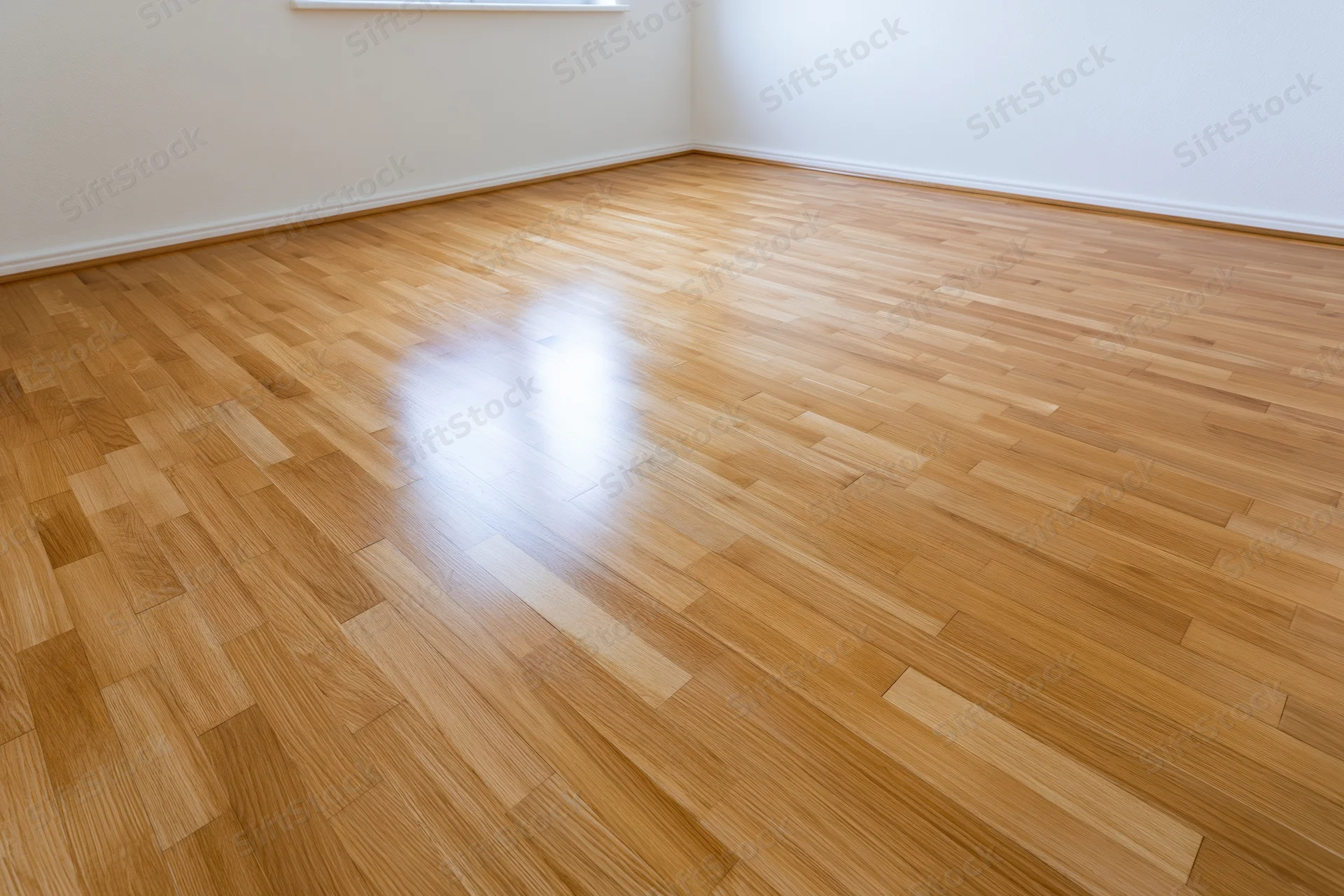 Newly installed hardwood parquet flooring in an empty unfurnished room