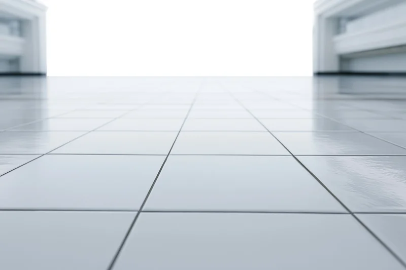 White ceramic tile floor receding into distance in a modern interior hallway