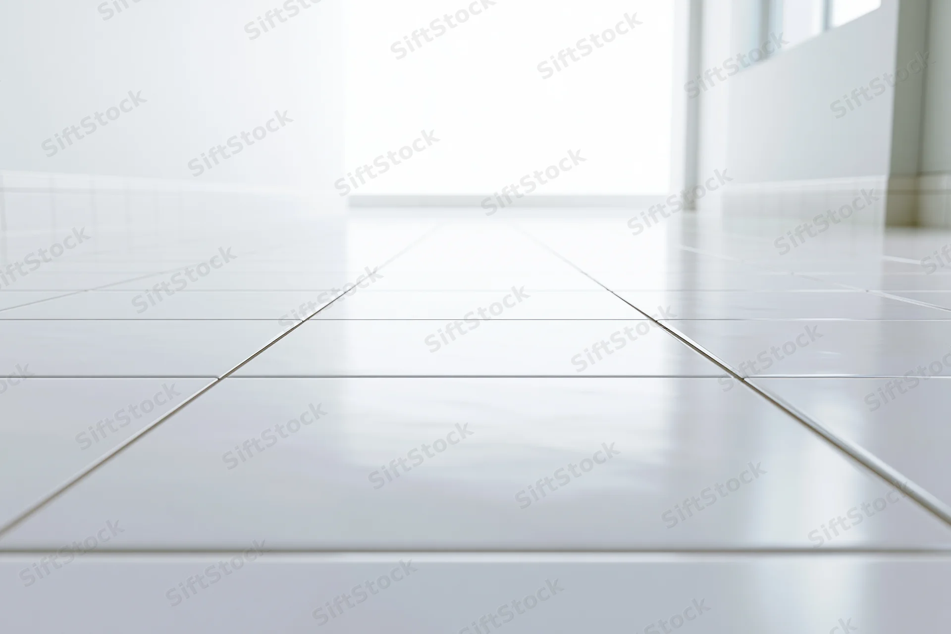 White ceramic tile floor receding into a bright hallway interior