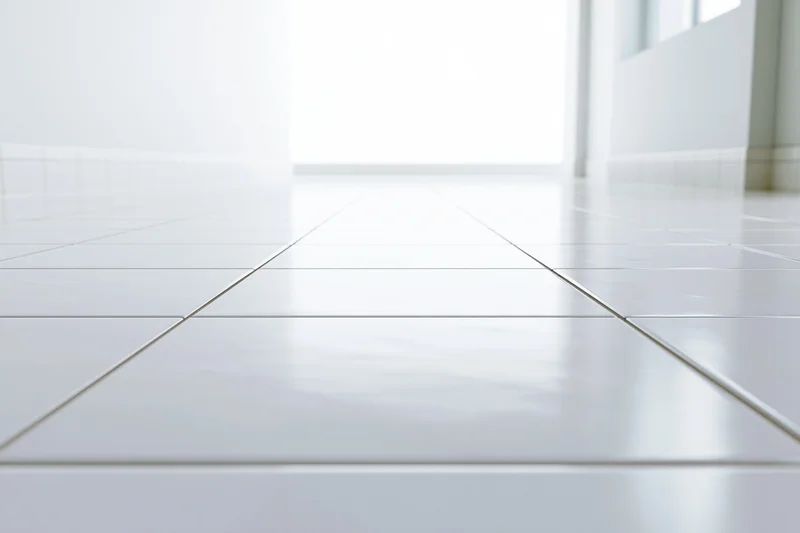White ceramic tile floor receding into a bright hallway interior