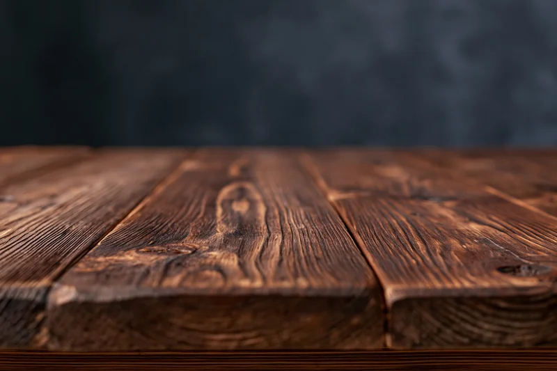 Empty wooden plank tabletop viewed from eye level with dark textured backdrop