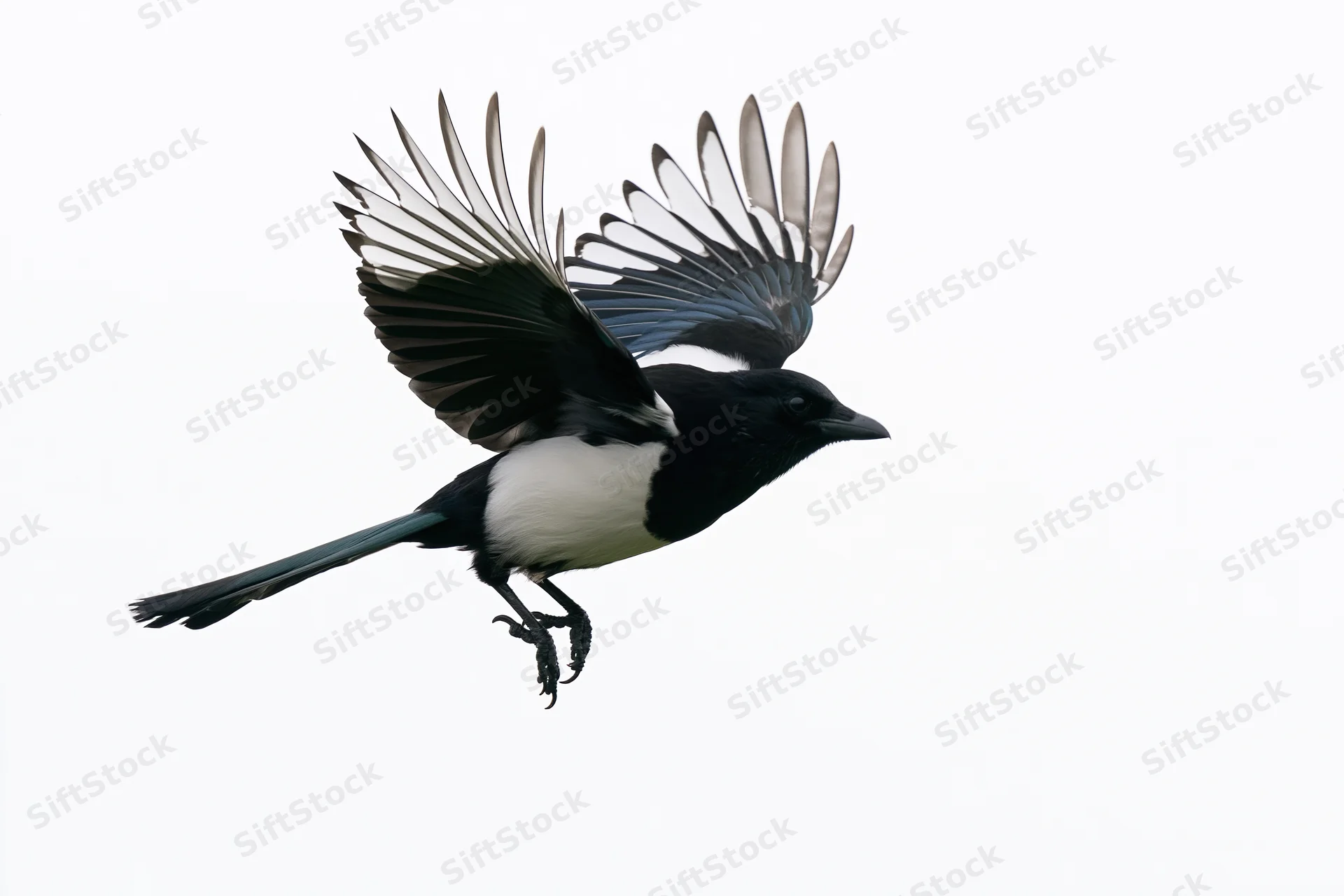 Eurasian magpie in mid-flight with wings fully spread against white background