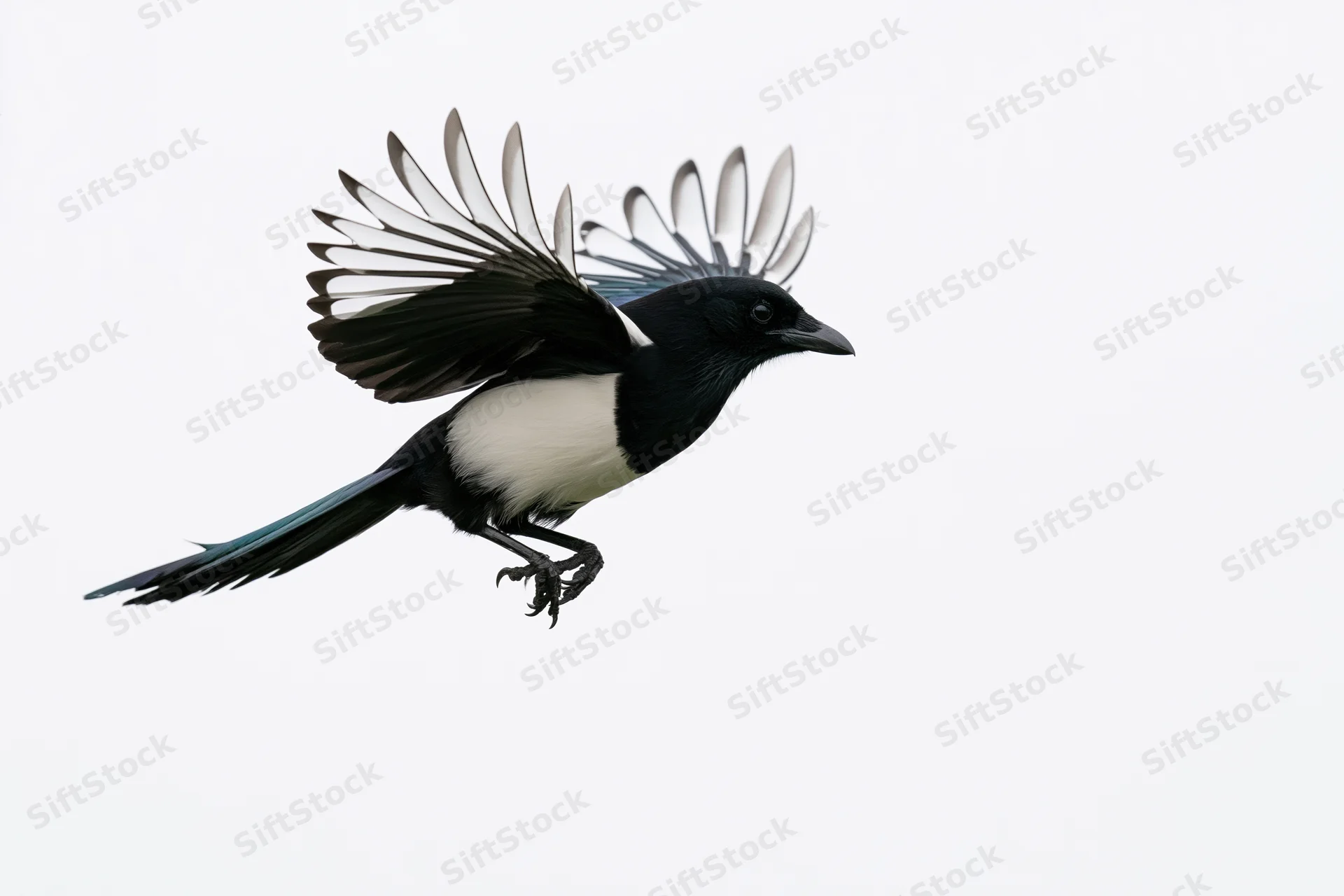 Eurasian magpie in mid-flight with wings fully spread against white background