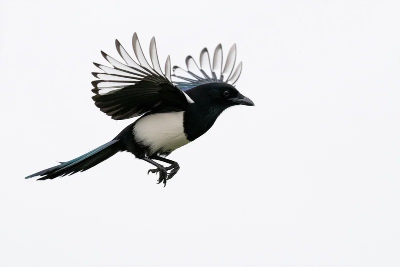Eurasian magpie in mid-flight with wings fully spread against white background