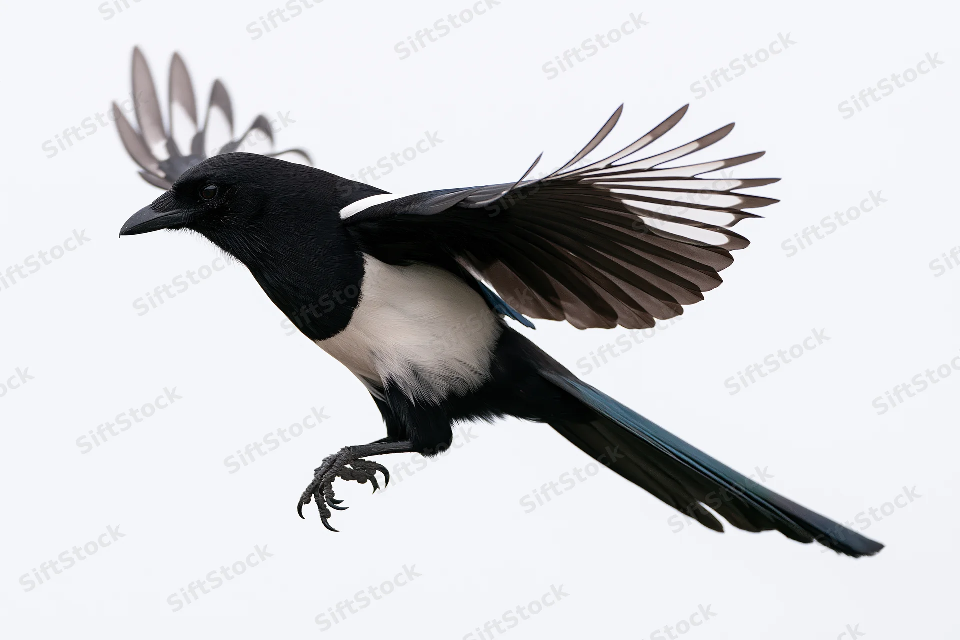 Eurasian magpie in mid-flight with wings fully spread against white background