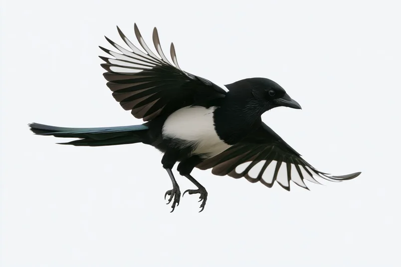 Eurasian magpie in mid-flight with wings fully spread against white background
