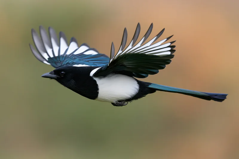 Eurasian magpie in mid-flight with wings fully spread against blurred natural background