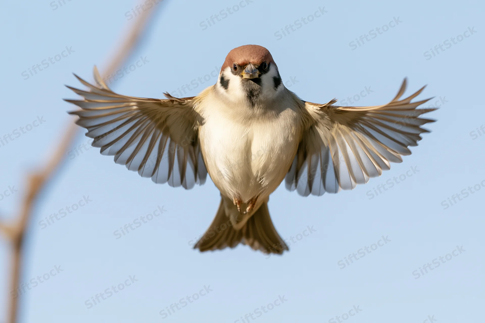 Eurasian tree sparrow hovering mid-flight with wings fully spread against clear blue sky