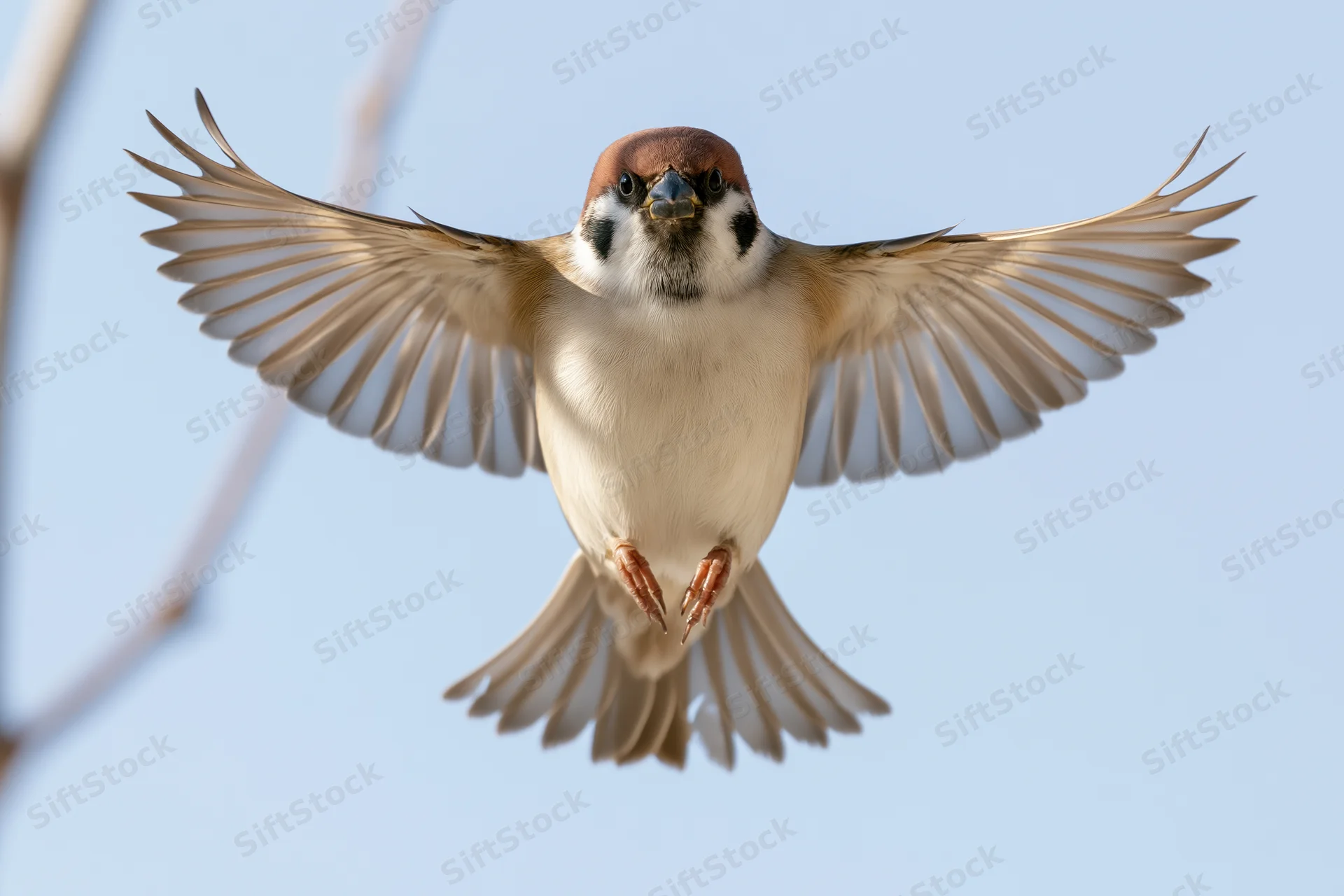 Eurasian tree sparrow hovering mid-flight with wings fully spread against blue sky