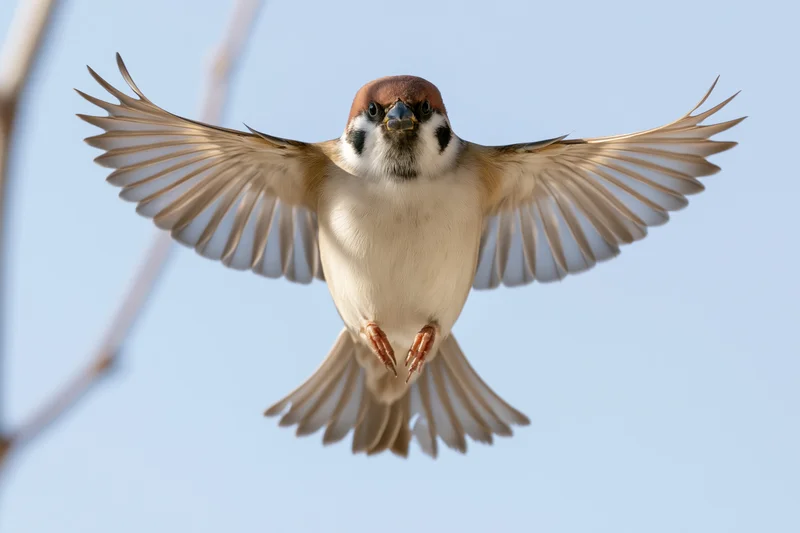 Eurasian tree sparrow hovering mid-flight with wings fully spread against blue sky