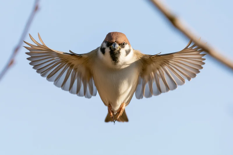 Eurasian tree sparrow hovering mid-flight with wings fully spread against a clear blue sky
