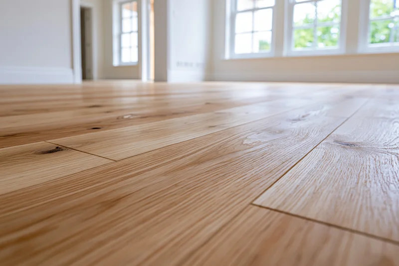 Light oak hardwood flooring planks arranged in a straight pattern across a bright interior room floor