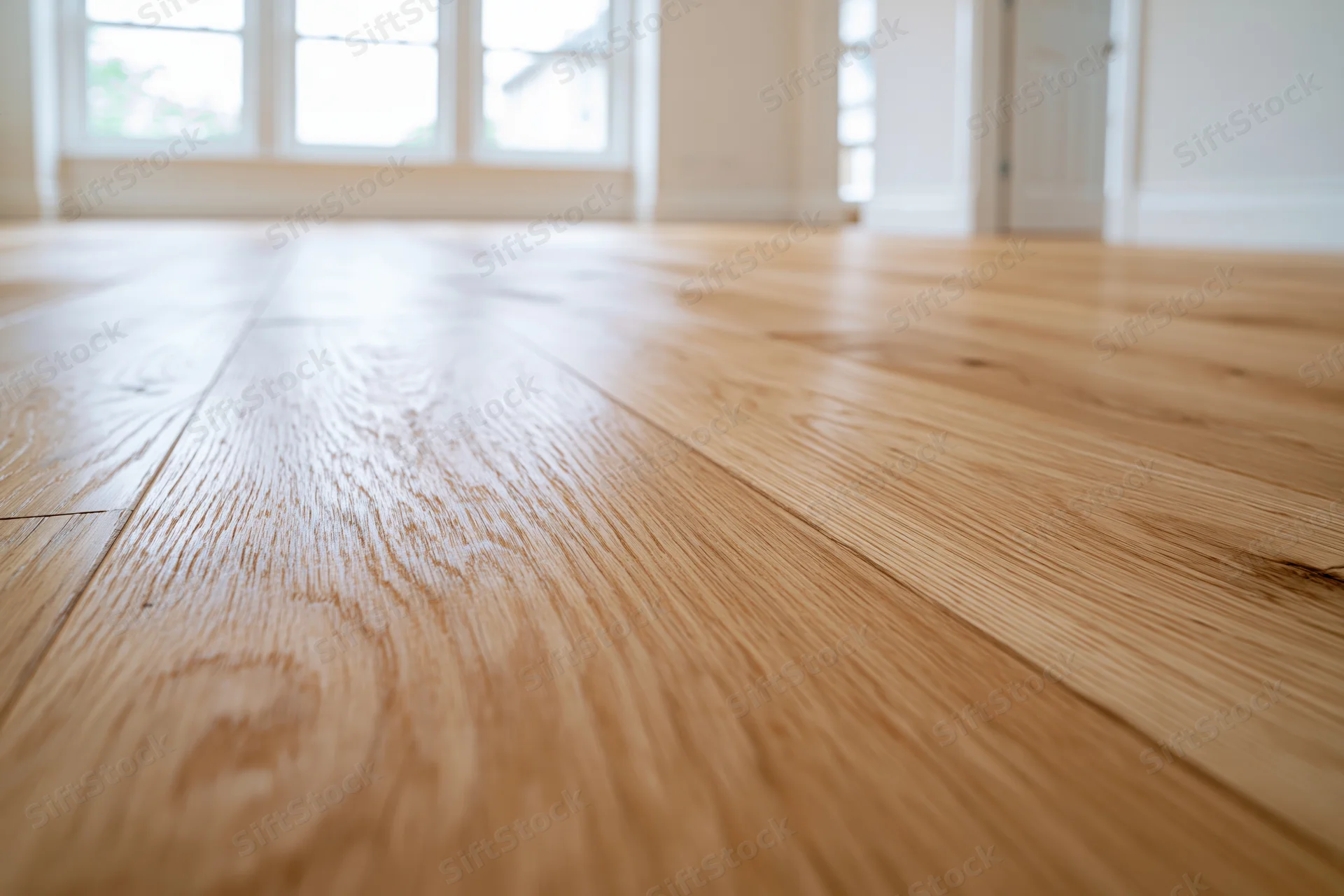 Light oak hardwood flooring planks in a bright interior room with natural wood grain and window light in background
