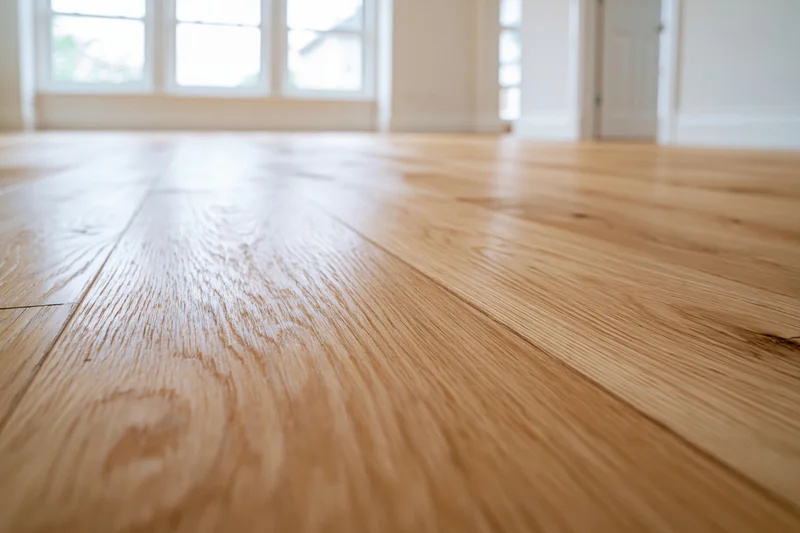 Light oak hardwood flooring planks in a bright interior room with natural wood grain and window light in background