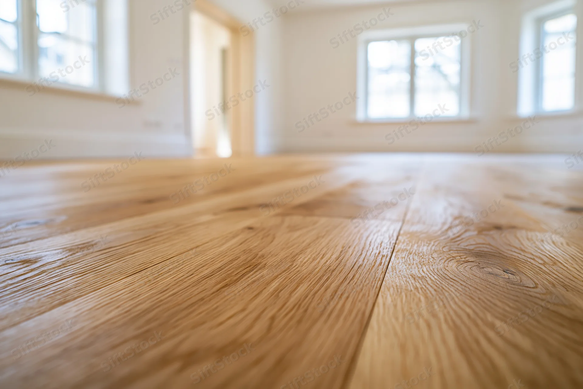 Light oak hardwood flooring planks in an empty room with white walls and windows