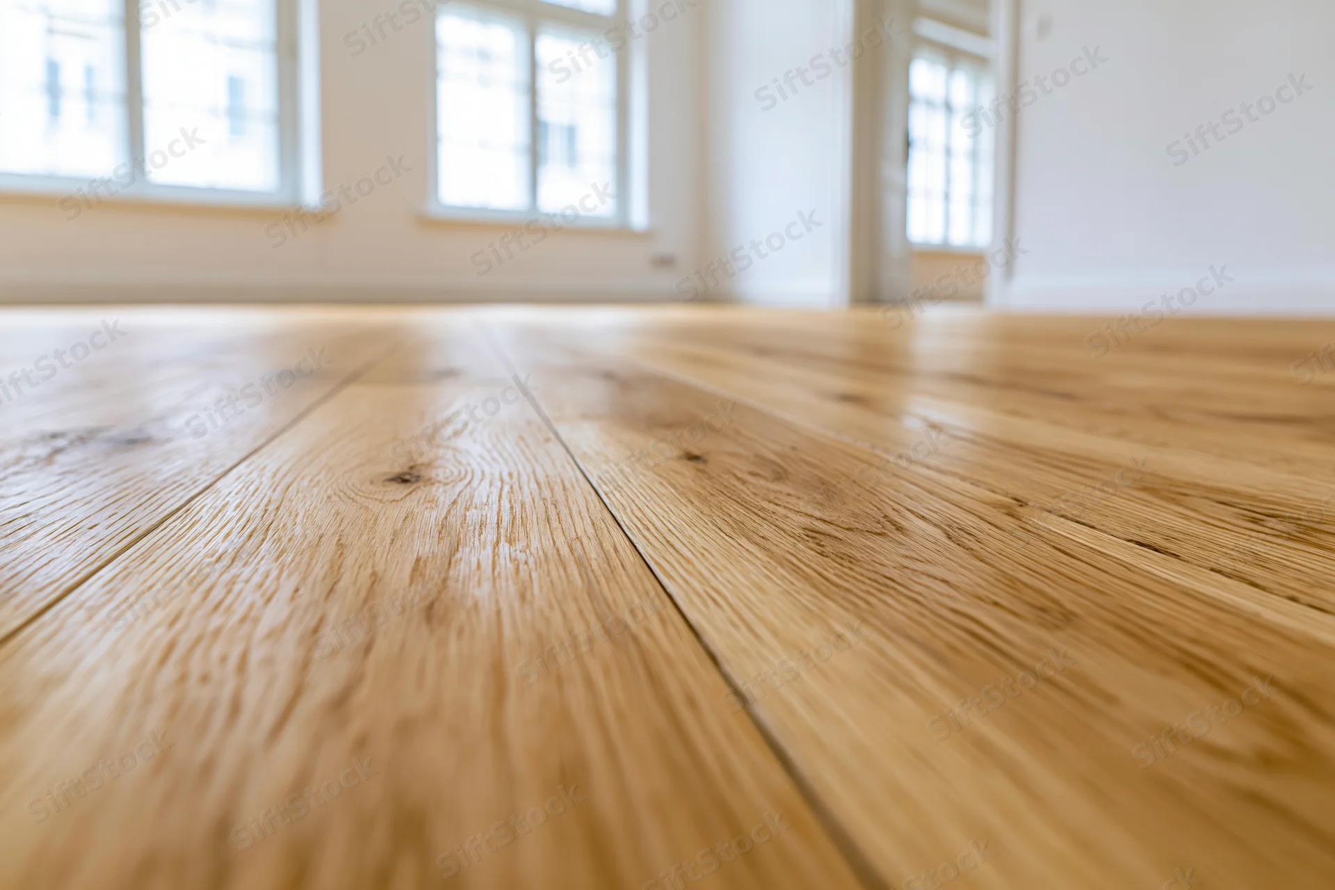 Light oak hardwood flooring planks in a bright interior room with windows in the background