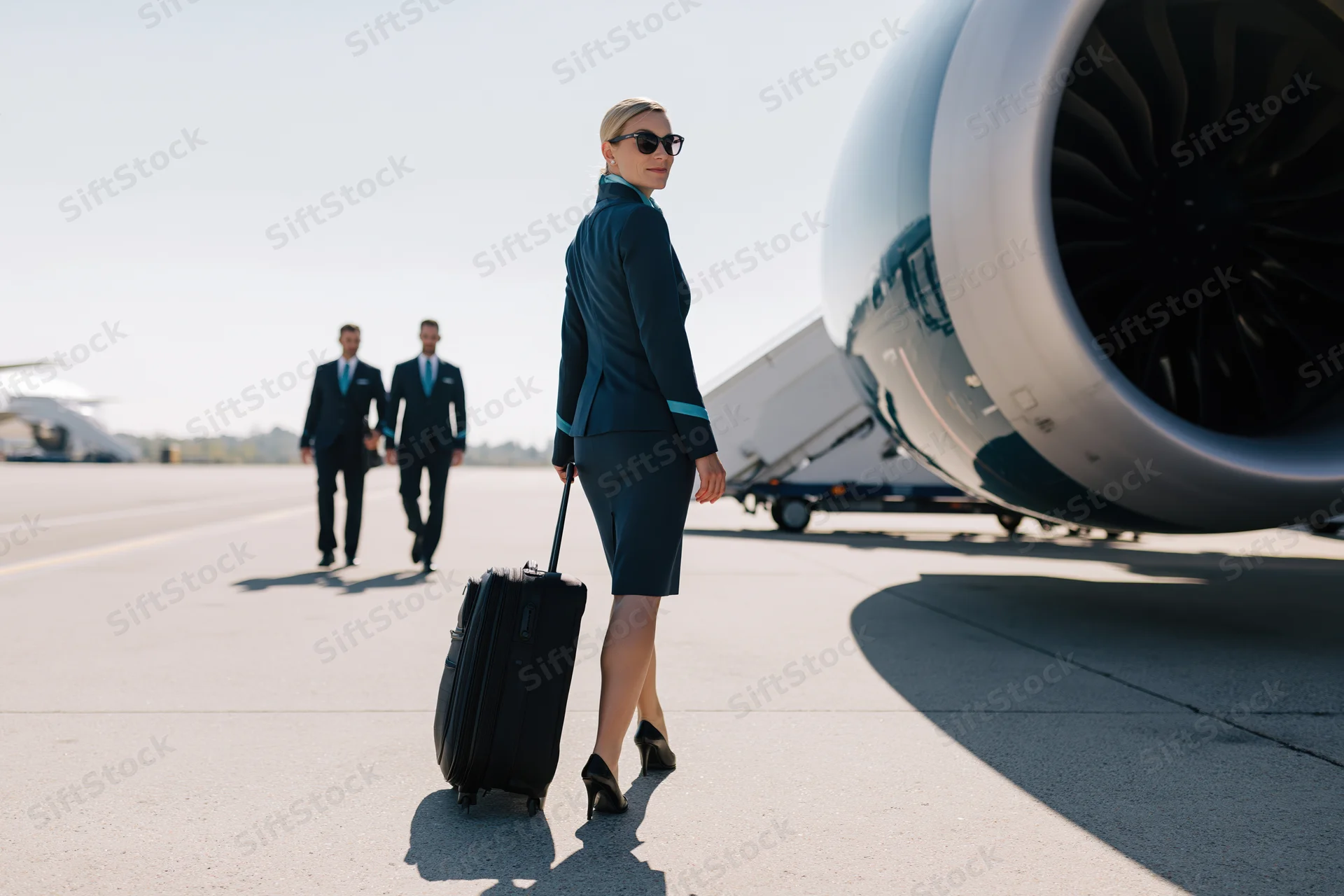 Female flight attendant in teal uniform walking with suitcase on tarmac near jet engine