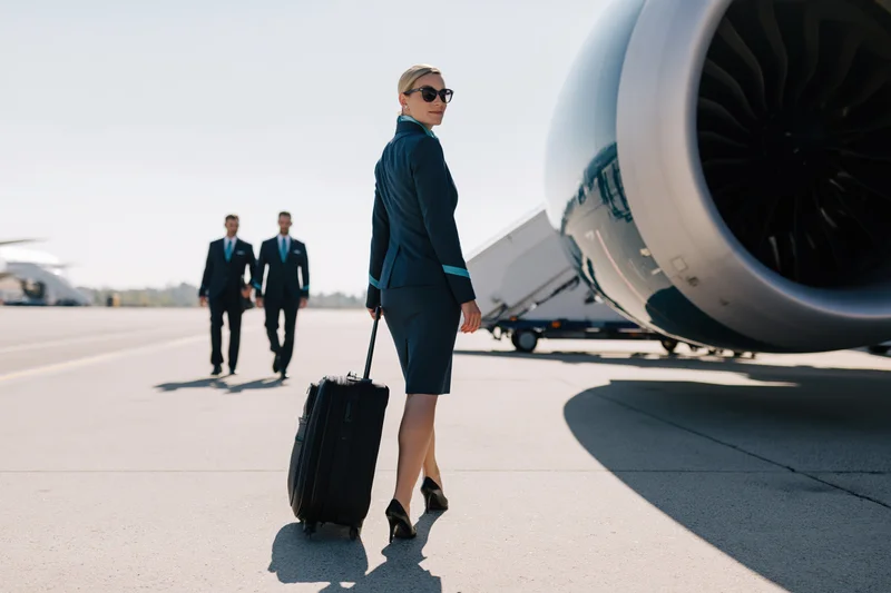 Female flight attendant in teal uniform walking with suitcase on tarmac near jet engine