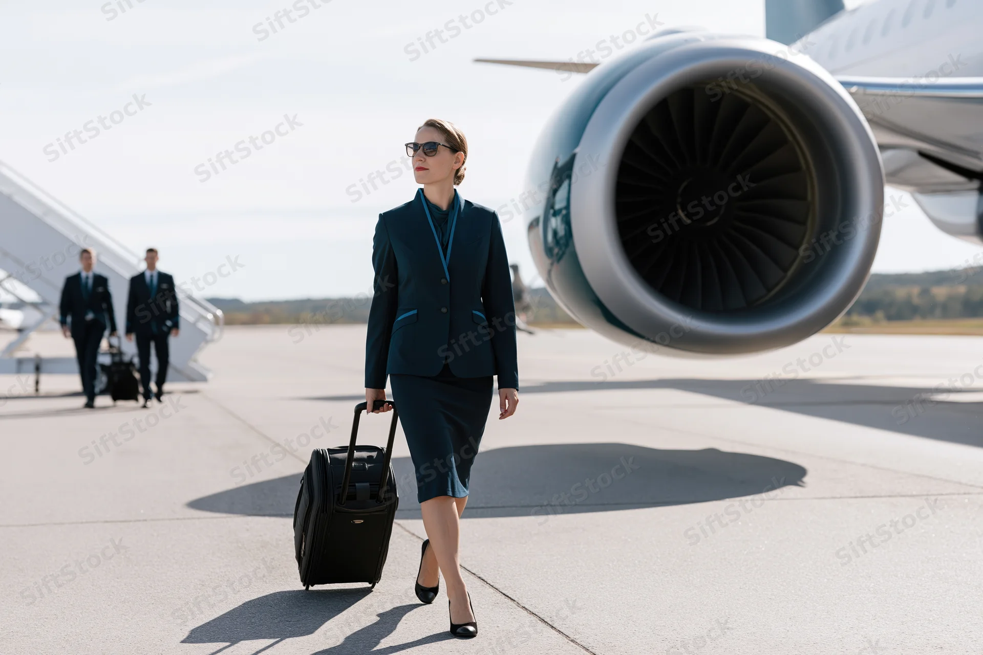 Female flight attendant in dark teal uniform walking with rolling suitcase on tarmac near jet engine