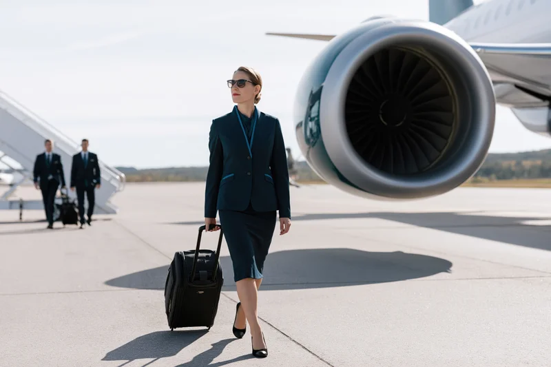 Female flight attendant in dark teal uniform walking with rolling suitcase on tarmac near jet engine