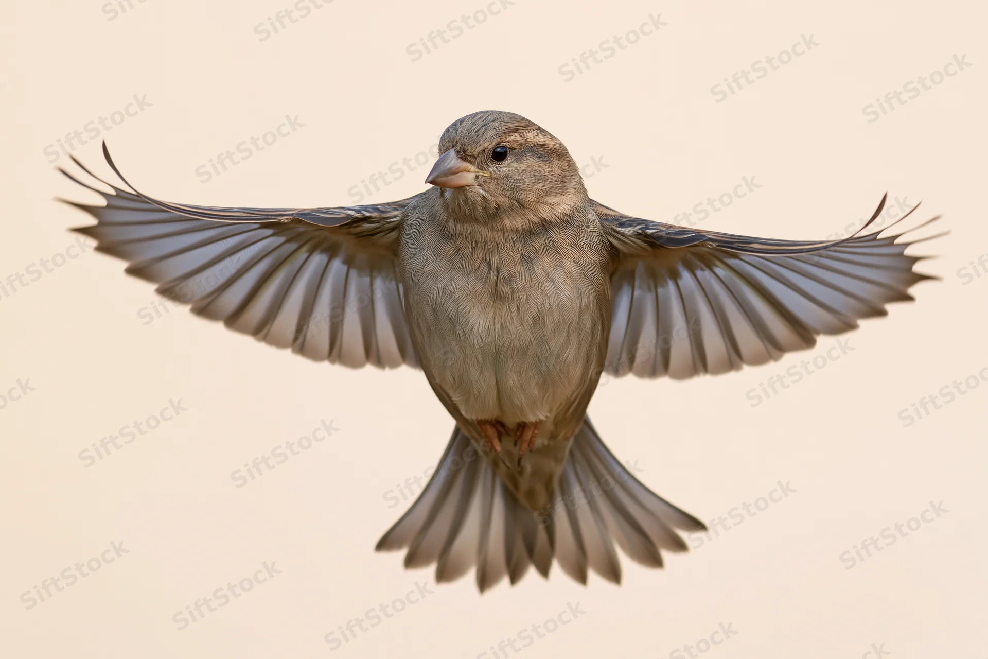 Female house sparrow in mid-flight with wings fully spread against plain background