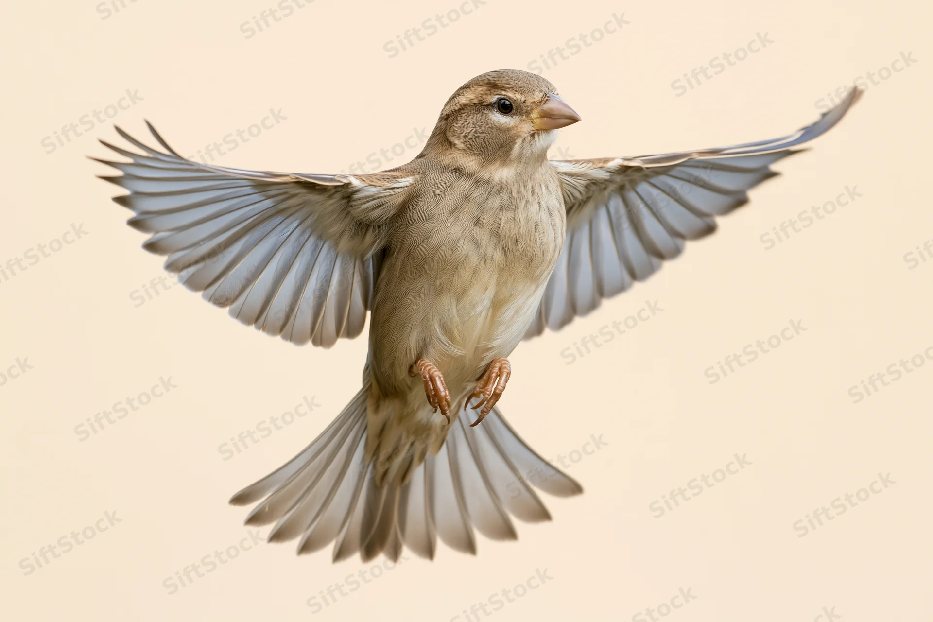 Female house sparrow in mid-flight with wings spread against plain background