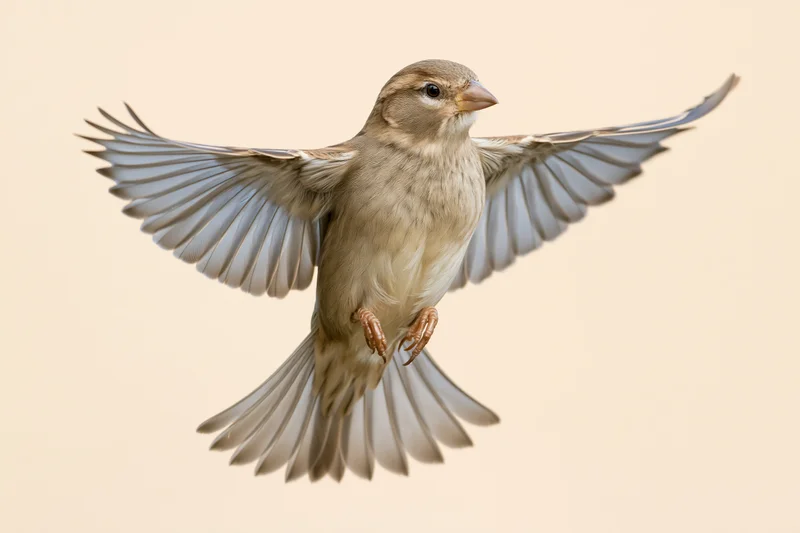 Female house sparrow in mid-flight with wings spread against plain background