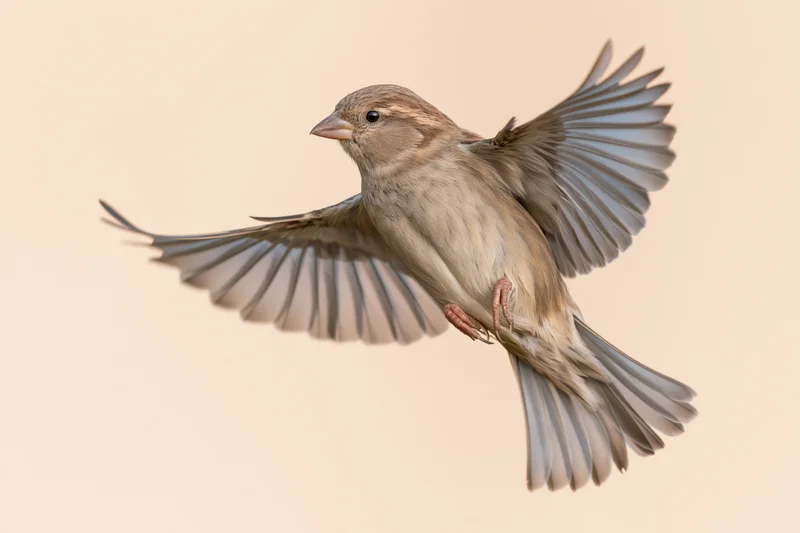 Female house sparrow in mid-flight with wings fully spread against plain background