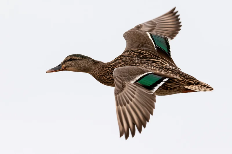 Female mallard duck in mid-flight with wings fully spread upward against white background