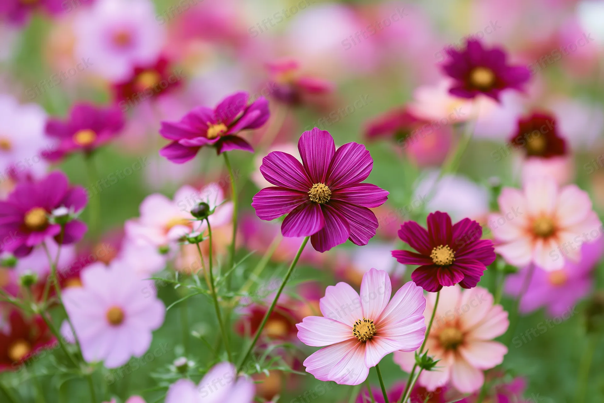 Cosmos flowers in full bloom in a garden field with soft focus background