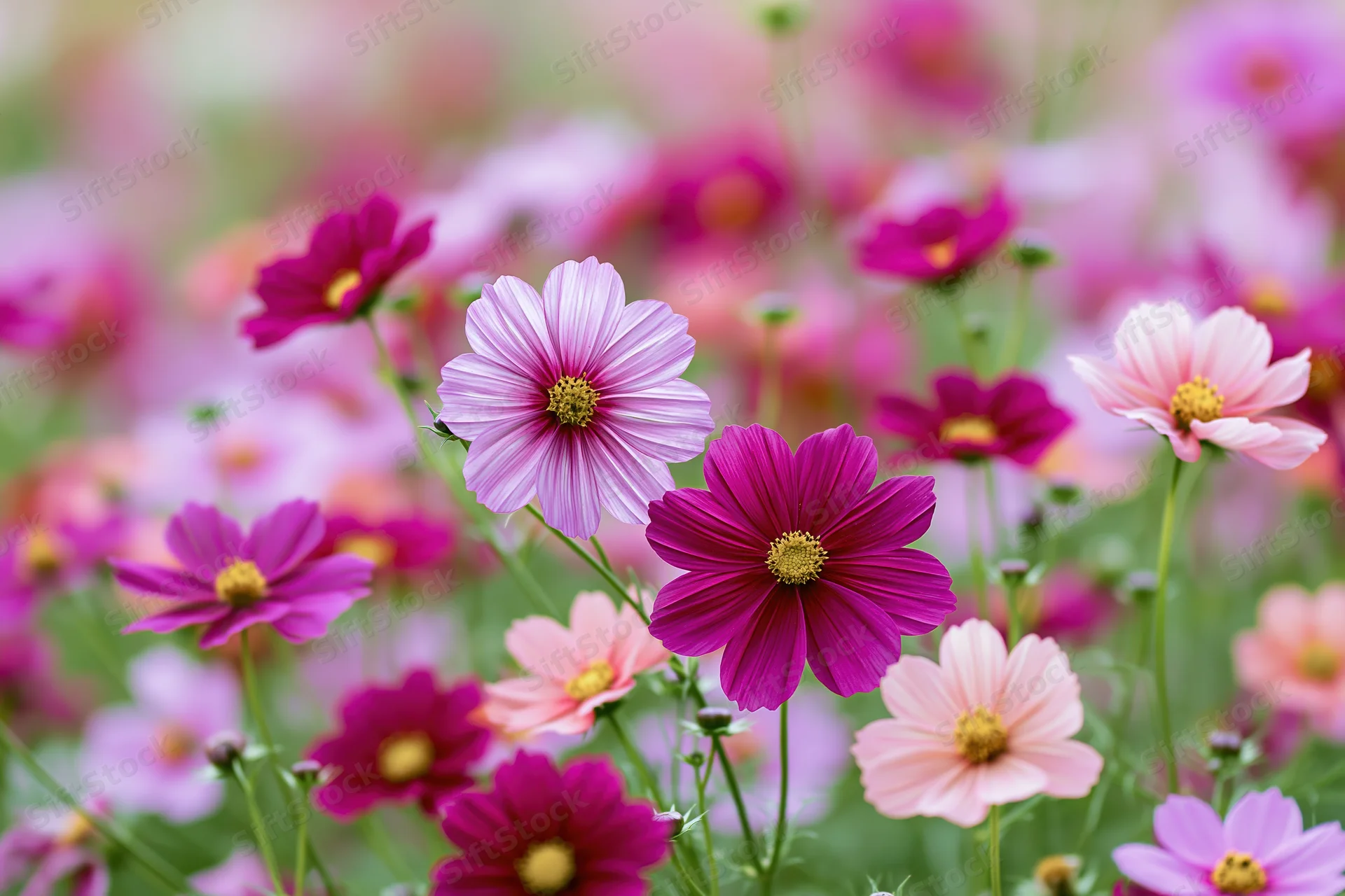 Cosmos flowers in full bloom in a garden field with soft magenta and pink hues and green foliage