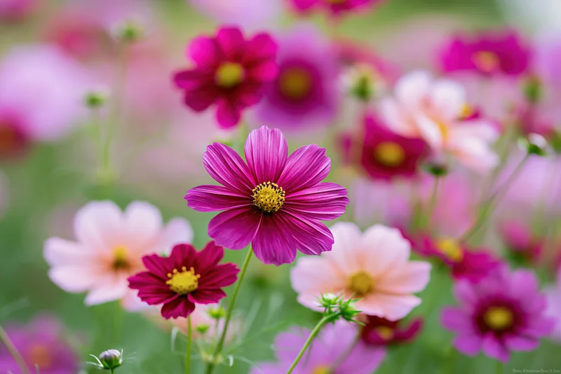 Cosmos flowers in full bloom in a garden field with soft pink and deep magenta petals and yellow centers
