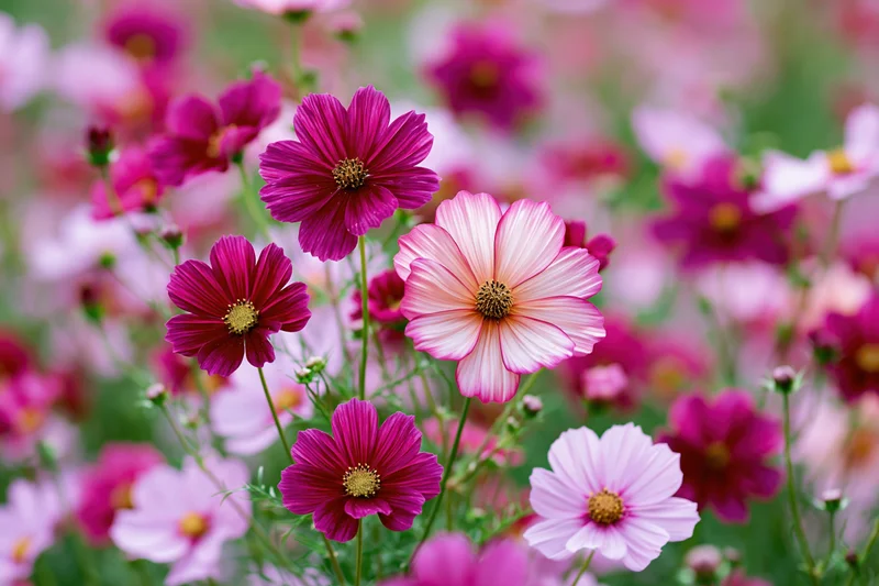 Cosmos flowers in full bloom in a garden field with soft pink and deep magenta petals