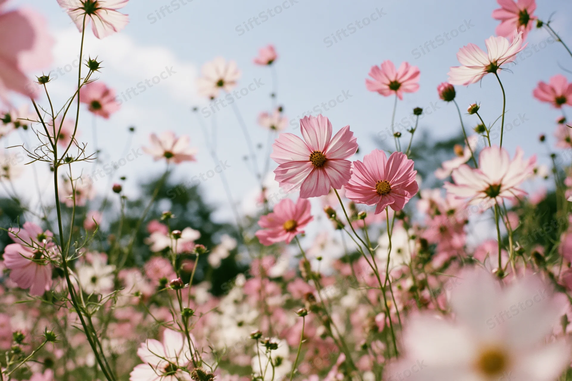 Cosmos flowers in full bloom in a field under a blue sky with soft focus and copyspace