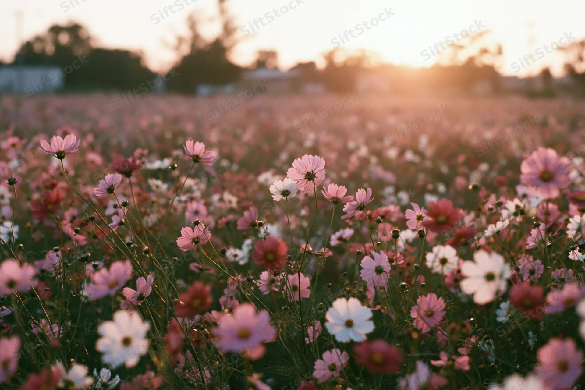 Field of cosmos flowers in full bloom at sunset with soft golden light and blurred background