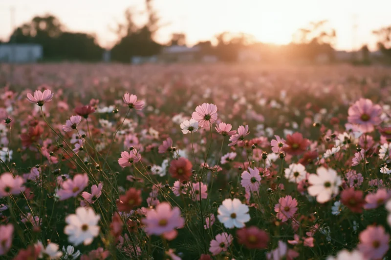 Field of cosmos flowers in full bloom at sunset with soft golden light and blurred background