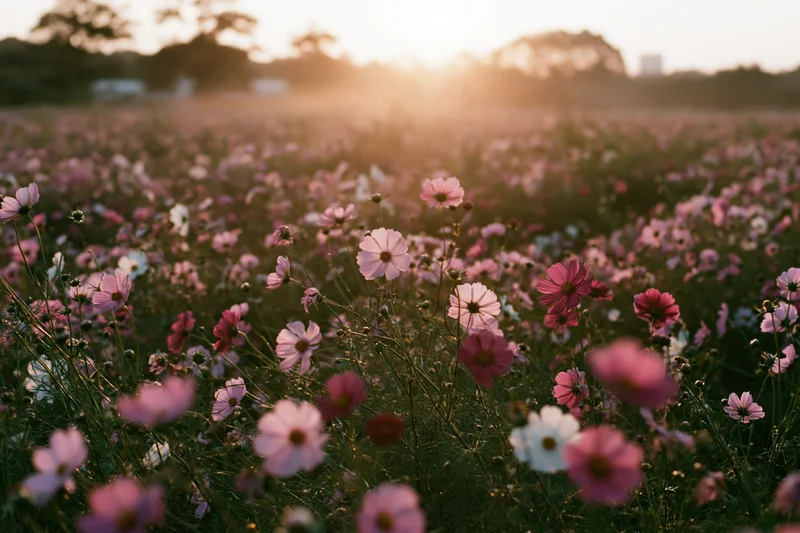 Cosmos flowers in full bloom across a wide field at sunset, low-angle view with soft golden light and blurred background
