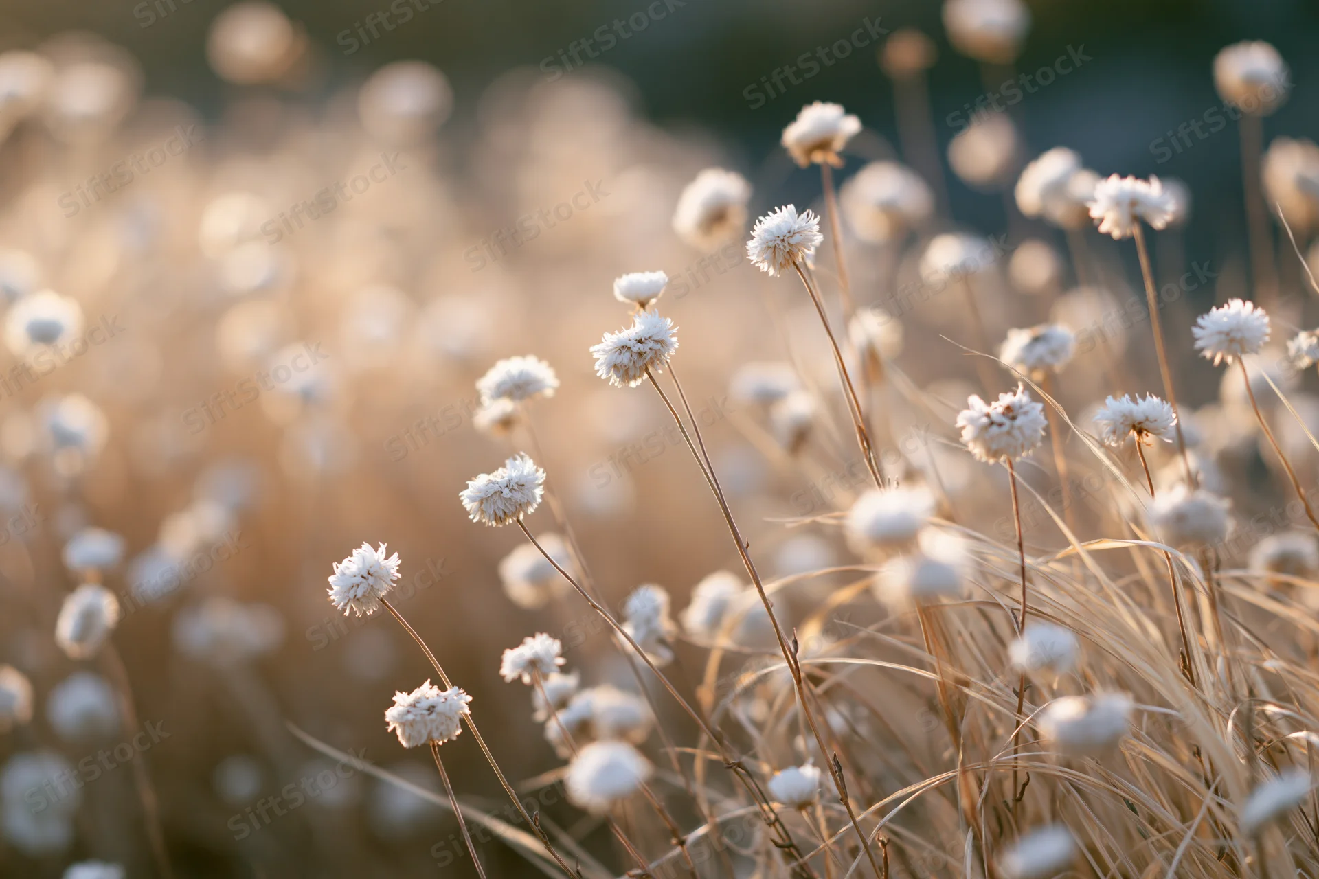 Small white globe-shaped wildflowers on slender stems in a sunlit field